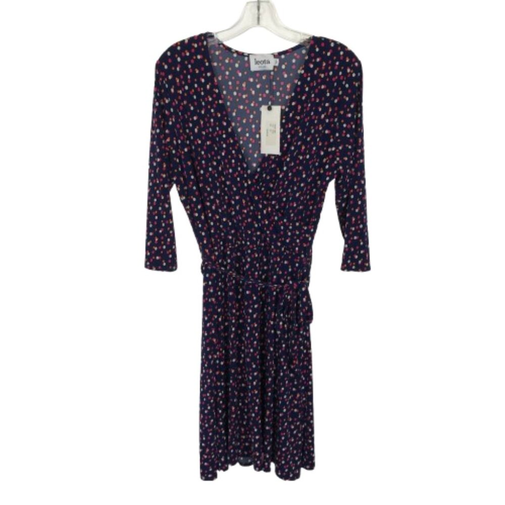 NWT Womens Size XL Leota Navy Blue Reye Jersey Faux Wrap Dress in Sunset Dot